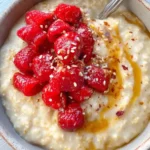 Creamy custard oatmeal with glazed berries, sesame seeds, and maple syrup in a ceramic bowl