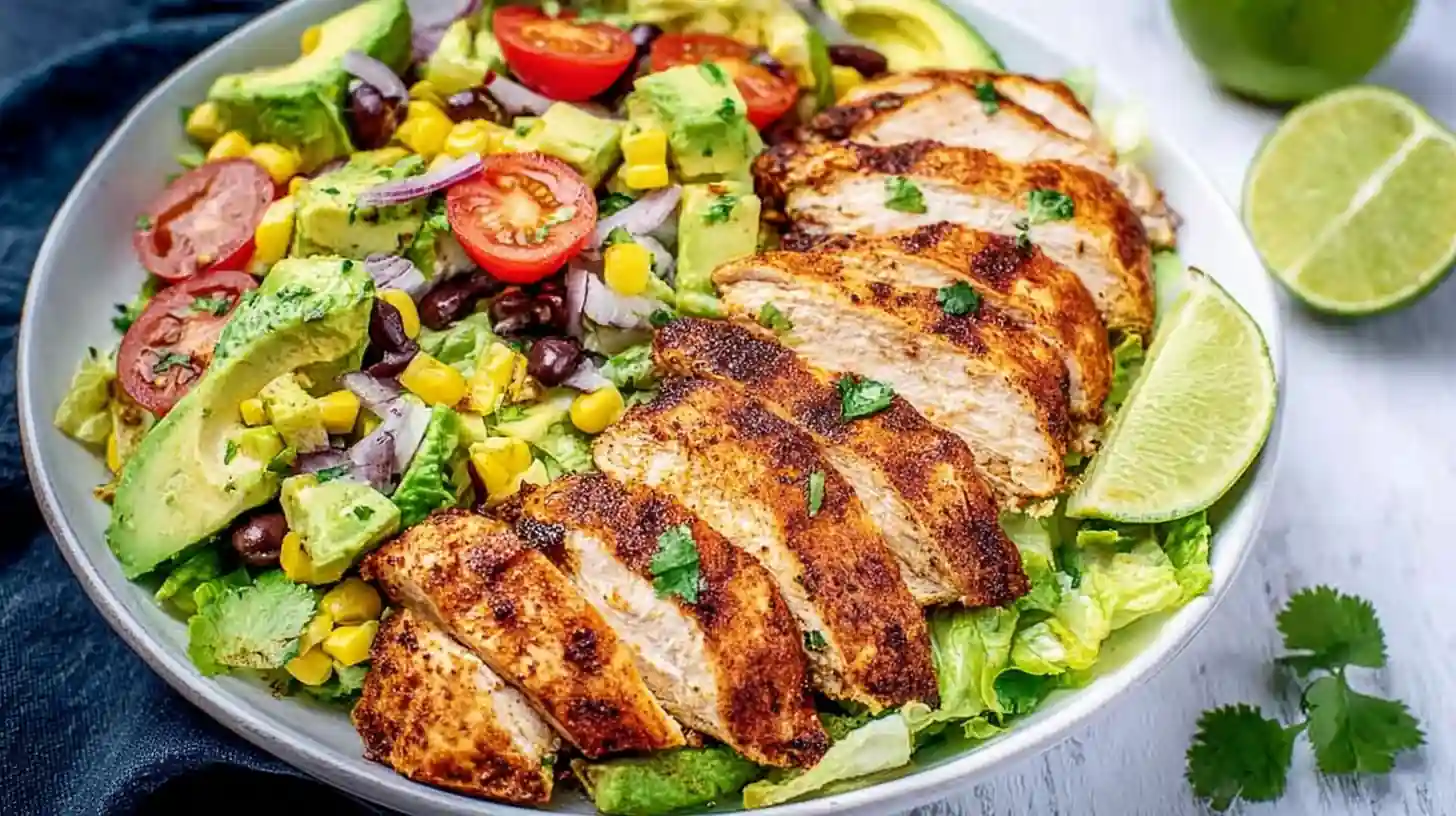 Grilled Southwest chicken breast served over salad with avocado, lime, corn, and black beans
