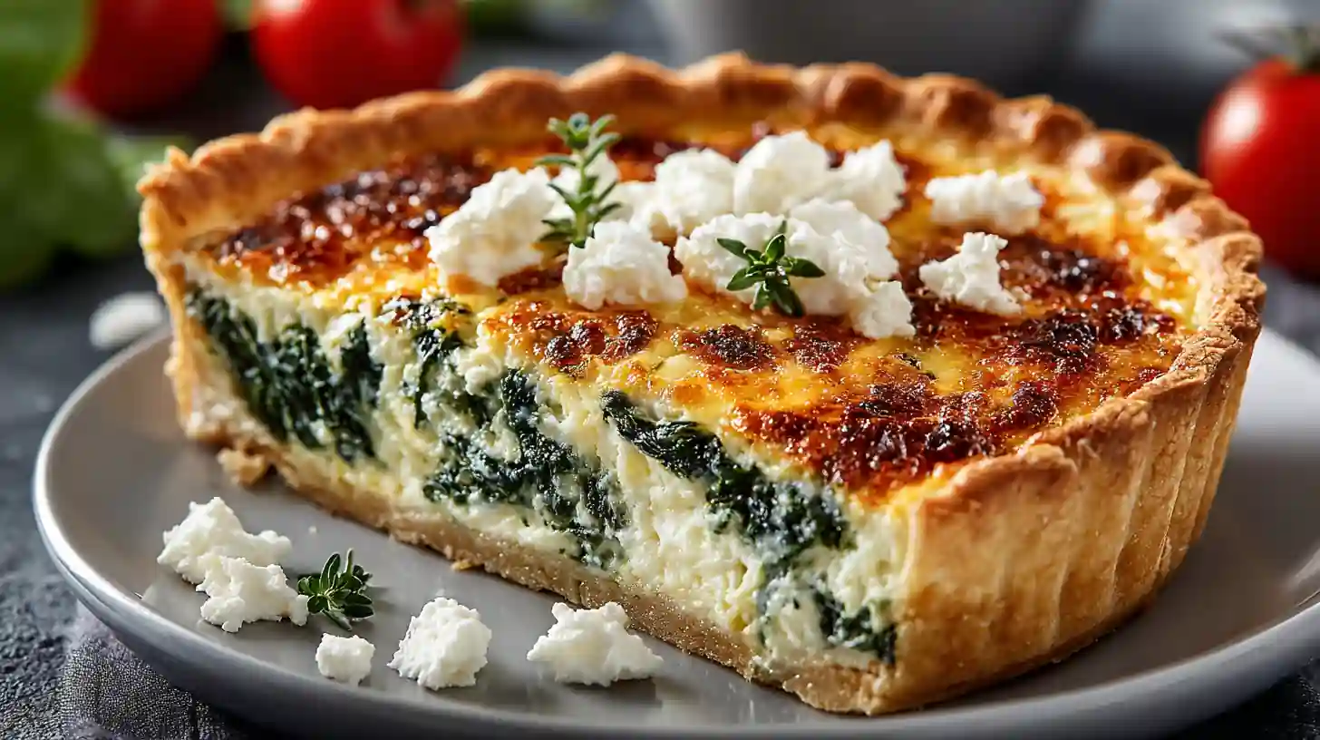 Spinach quiche with cottage cheese on a plate with crispy crust and golden top