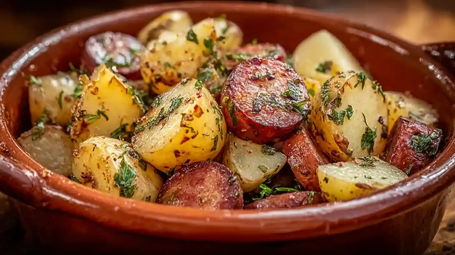 Crispy golden swamp potatoes with smoked sausage and herbs served in a clay dish