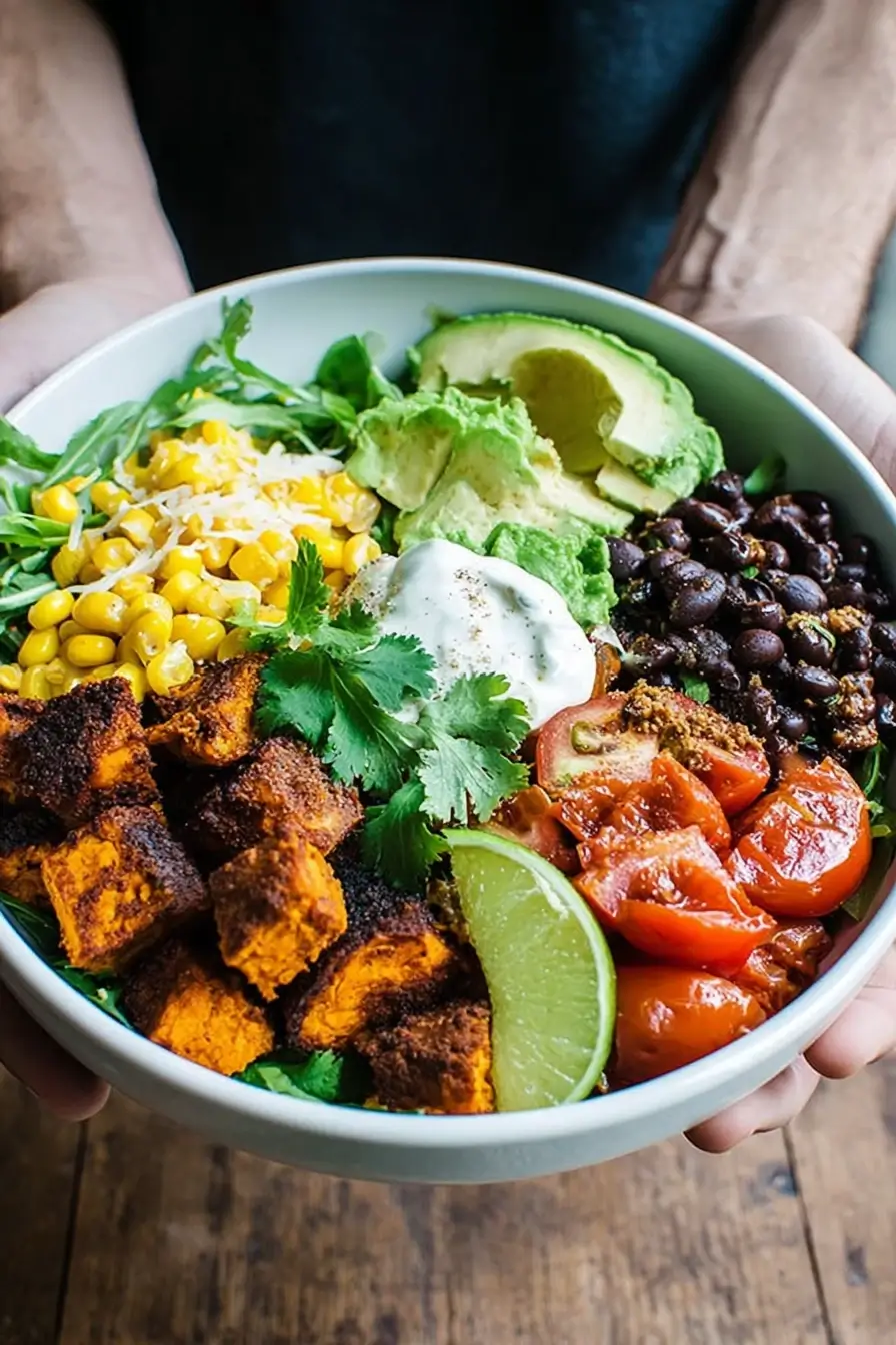 A colorful sweet potato taco bowl topped with corn, avocado, black beans, and fresh cilantro.