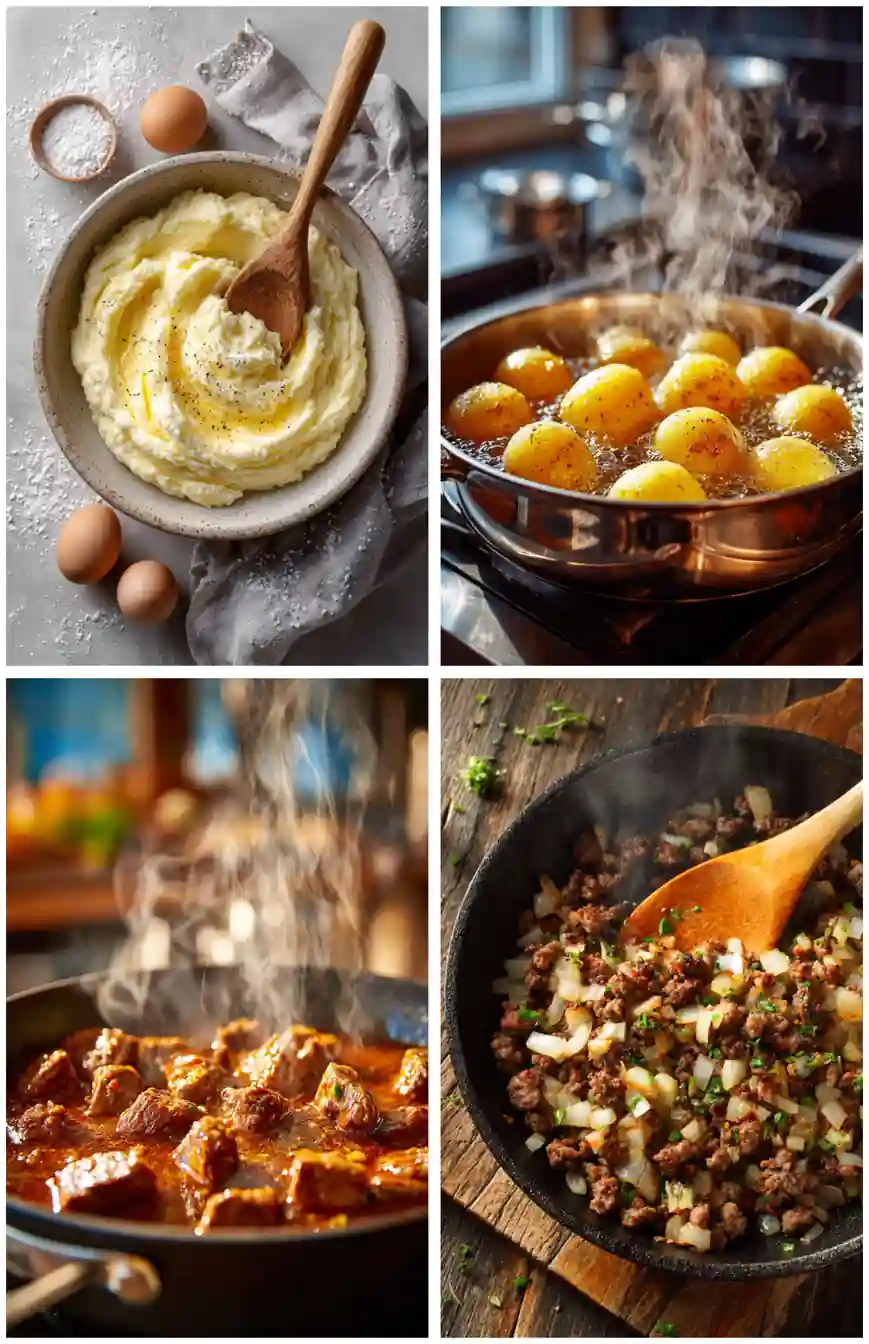Step-by-step cooking collage showing mashed potatoes, boiling potatoes, beef gravy, and ground beef with onions