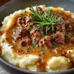 Bowl of creamy mashed potatoes topped with rich hamburger gravy and fresh rosemary