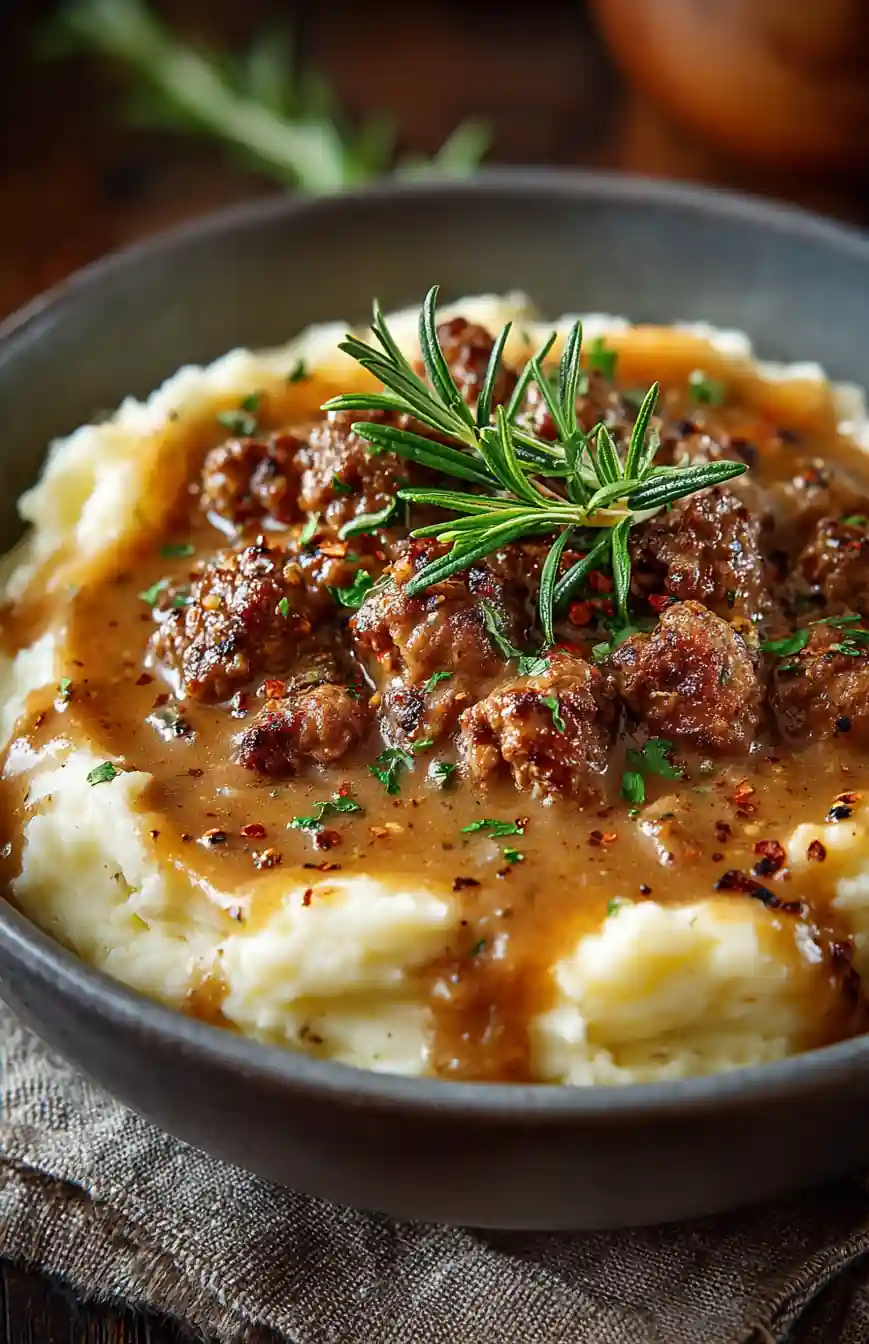 Bowl of creamy mashed potatoes topped with rich hamburger gravy and fresh rosemary