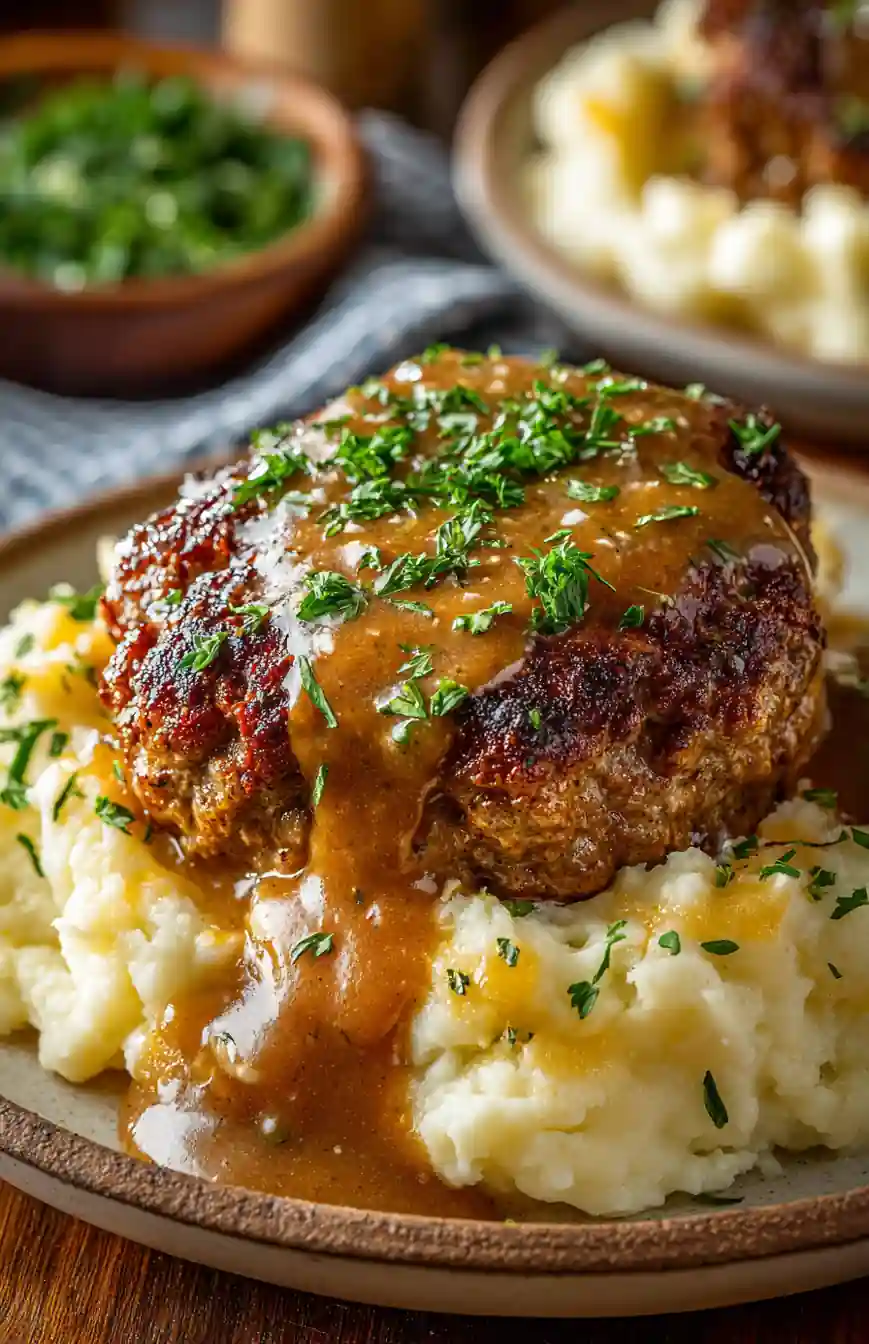 Juicy hamburger steak topped with brown gravy served over creamy mashed potatoes