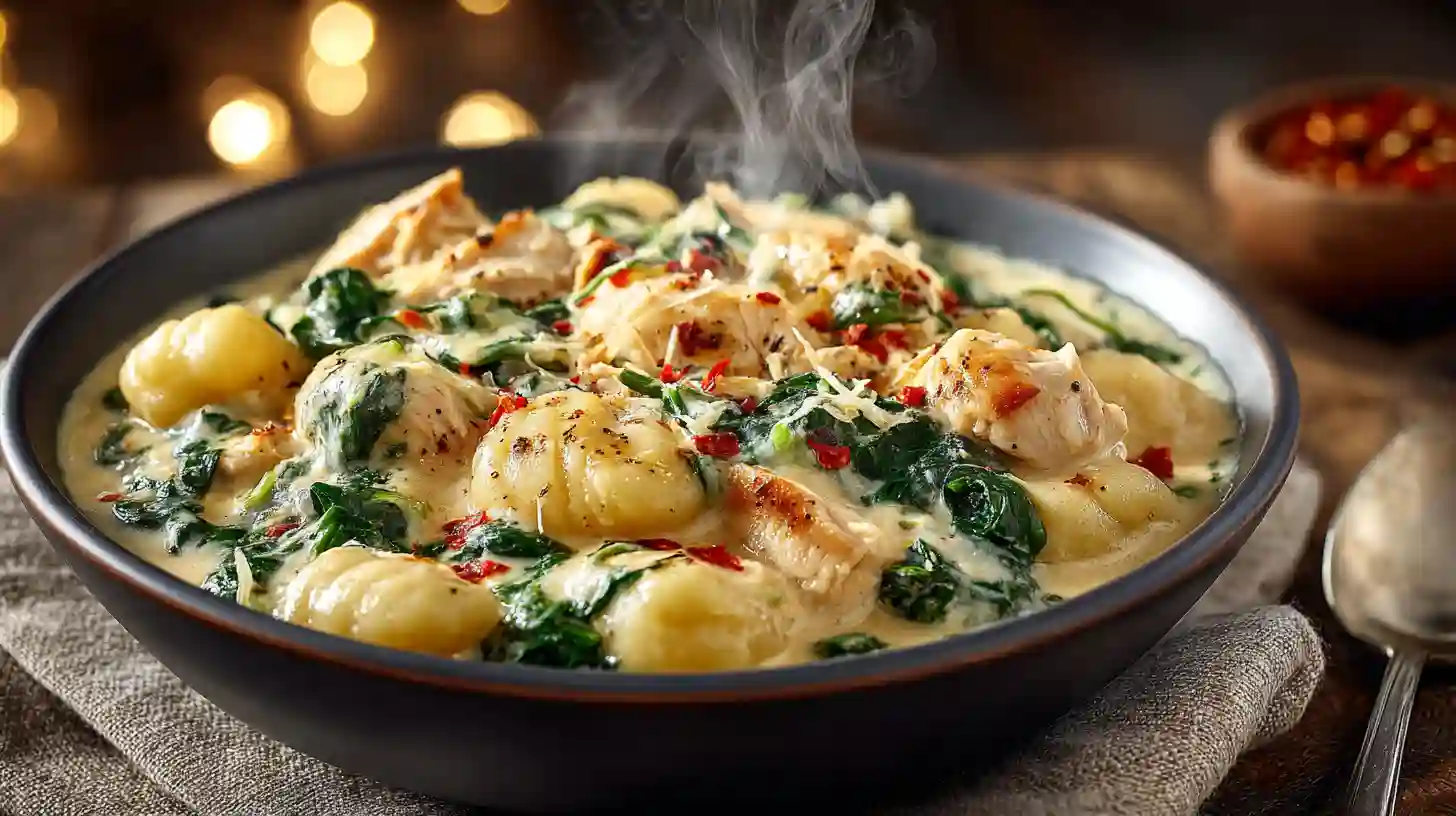 Creamy crack chicken gnocchi with spinach and tender chicken pieces served hot in a rustic bowl