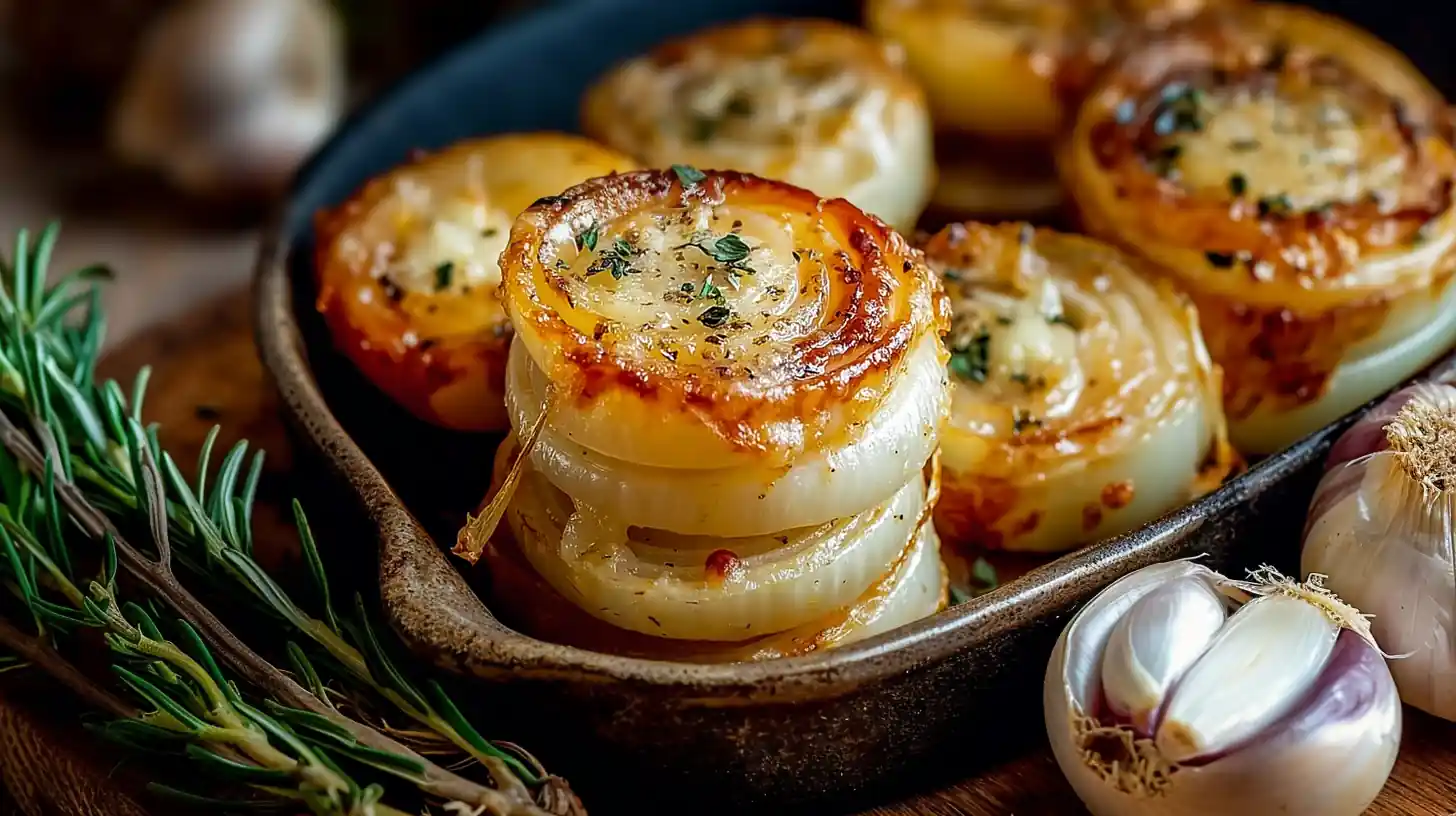 Golden baked Tennessee Onions served in a rustic dish with melted cheese, herbs, and garlic